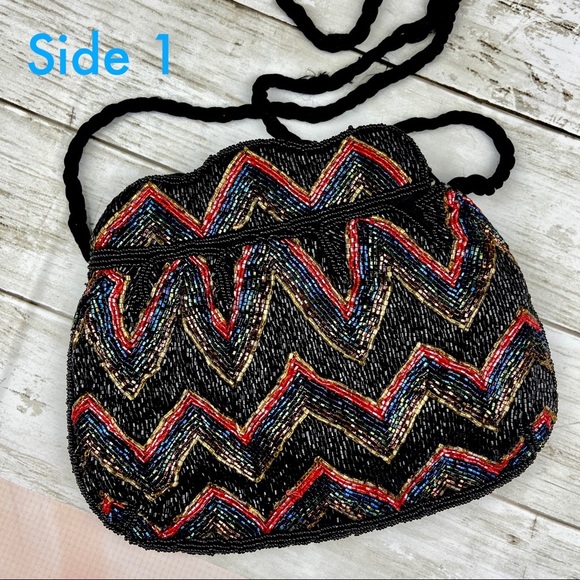 VINTAGE Flapper Bohemian Beaded Purse Black Gold Red Peacock Blue Evening Clutch - Picture 6 of 10